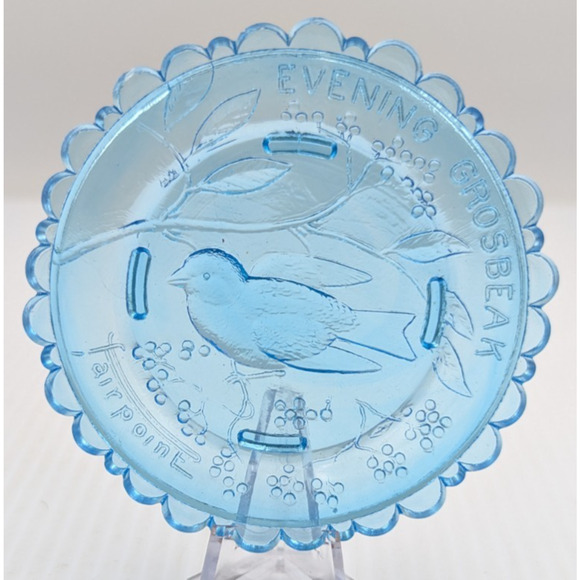 Evening Grosbeak Bird Glass Window Decor Pairpoint Cup Plate Blue Vintage 3.5" - Picture 1 of 7
